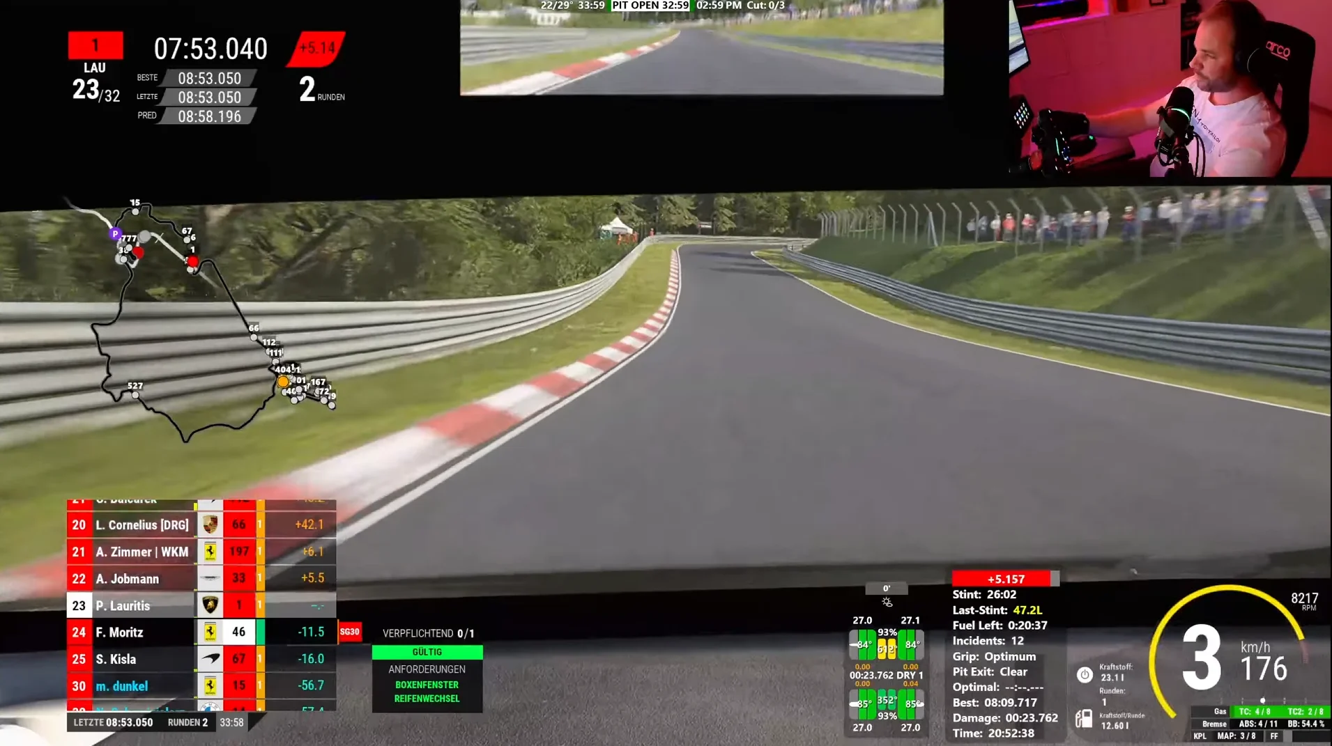 Live Racing Telemetry Overlay Cockpit Dashboard with Speed Rpm and Gear Track View with a Banked Corner Circuit Map on Left and Lower contrast Leaderboard and Stats Host in a Pink lit Studio Visible in the Top right