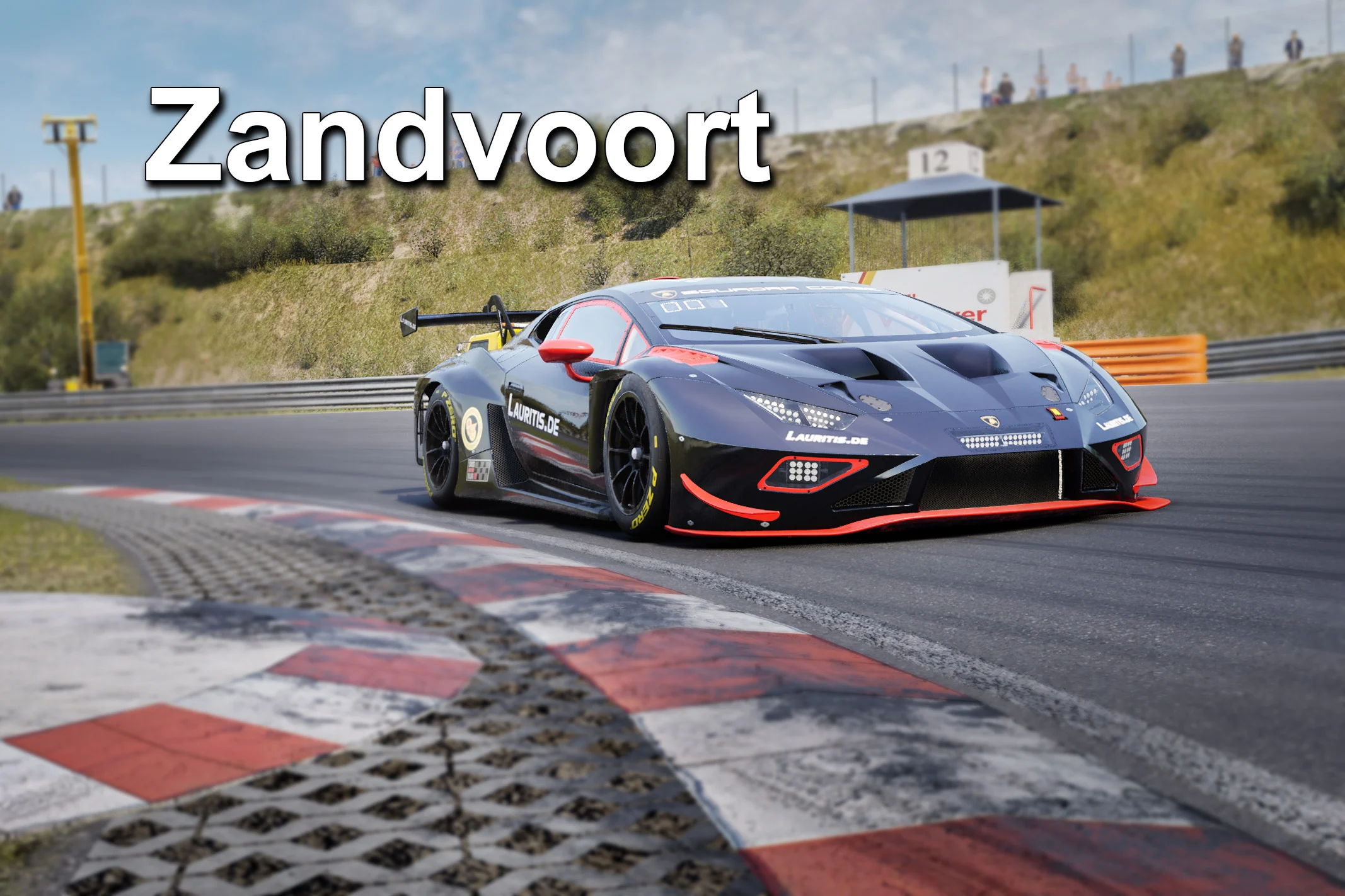 High speed Race Car on a Track with Red white Curbs and Spectators in the Background at Zandvoort