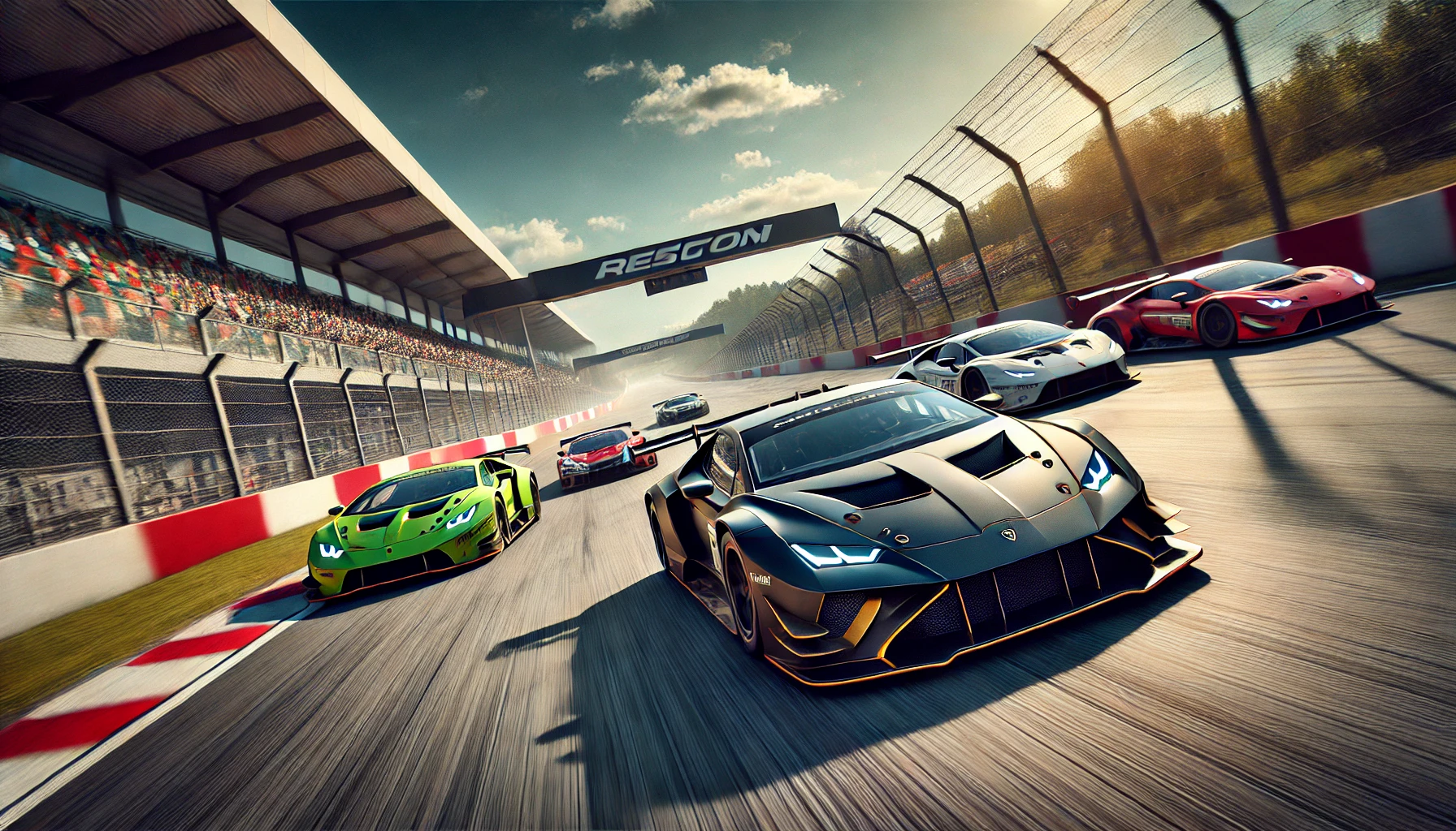 Low Angle Shot of a Pack of Exotic Race Cars Speeding Around a Sunny Circuit with the Lead Car in Dark Gray Ahead of Green and Red Rivals