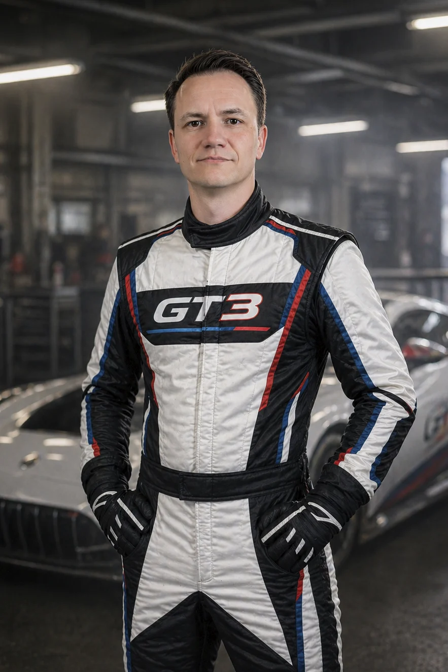 Male Race Car Driver in a White Black Blue and Red Gt3 Racing Suit Standing with Hands on Hips in a Dimly Lit Garage with a Car in the Background