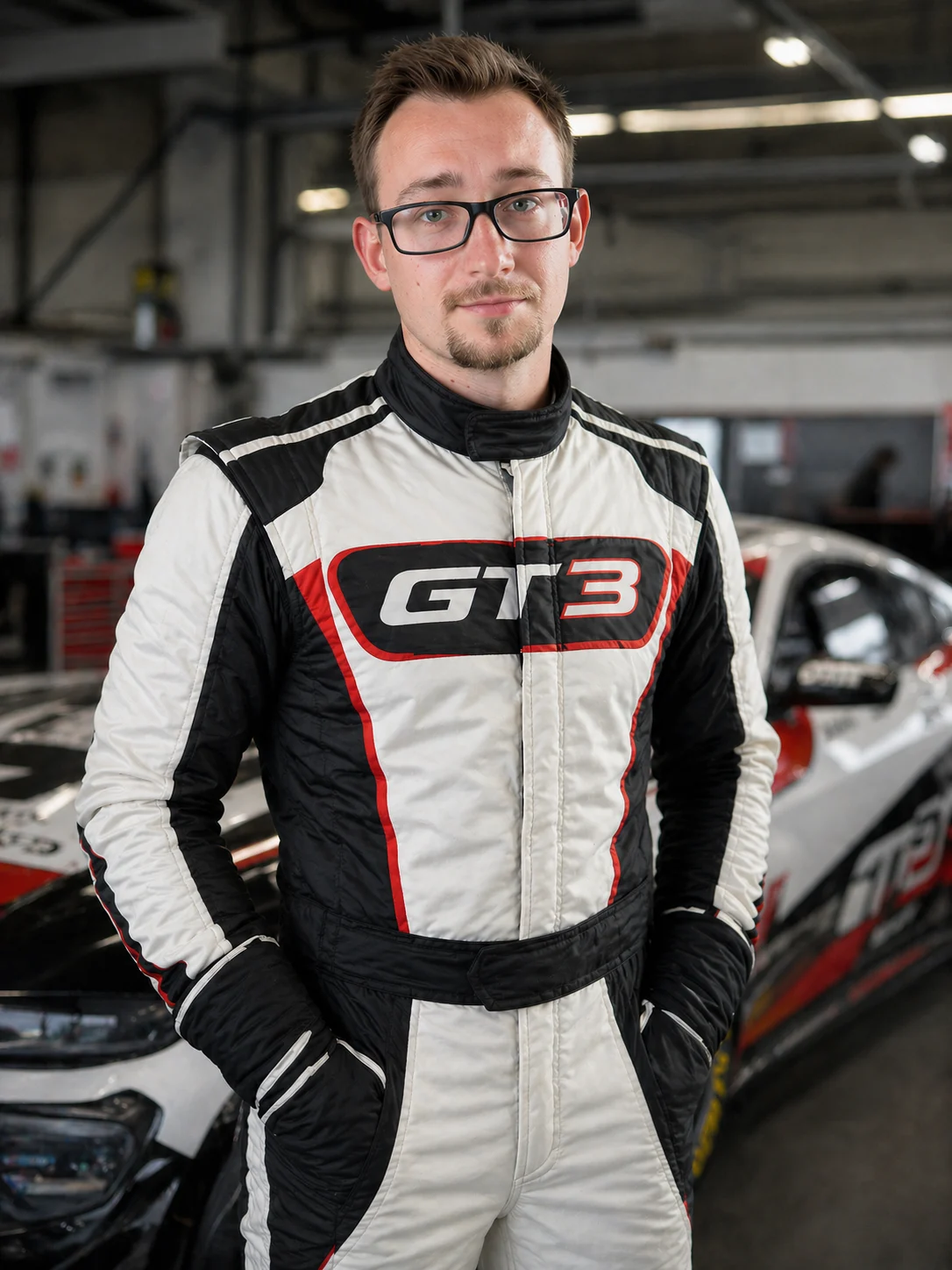 Racing Driver in a White Black and Red Gt3 Suit Standing in a Garage with a Race Car in the Background