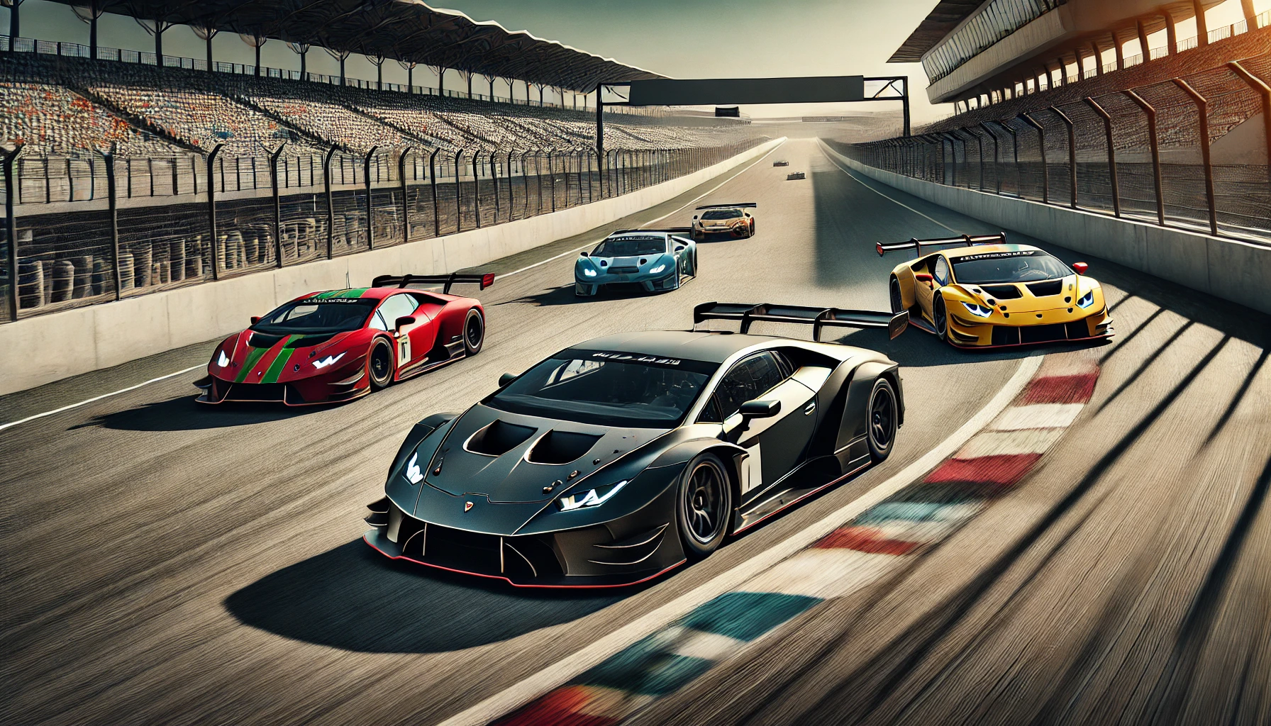 Several Race Cars Speed Along a Sunlit Race Track with a Sleek Gray Hypercar in the Foreground and Red Blue and Yellow Cars Behind It Grandstands Line the Sides with Fencing Visible