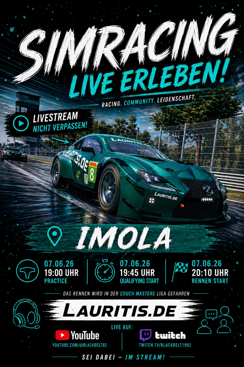 Poster Advertising a Sim Racing Livestream at Imola Featuring a Teal Race Car on the Track and Streaming Logos youtube Twitch