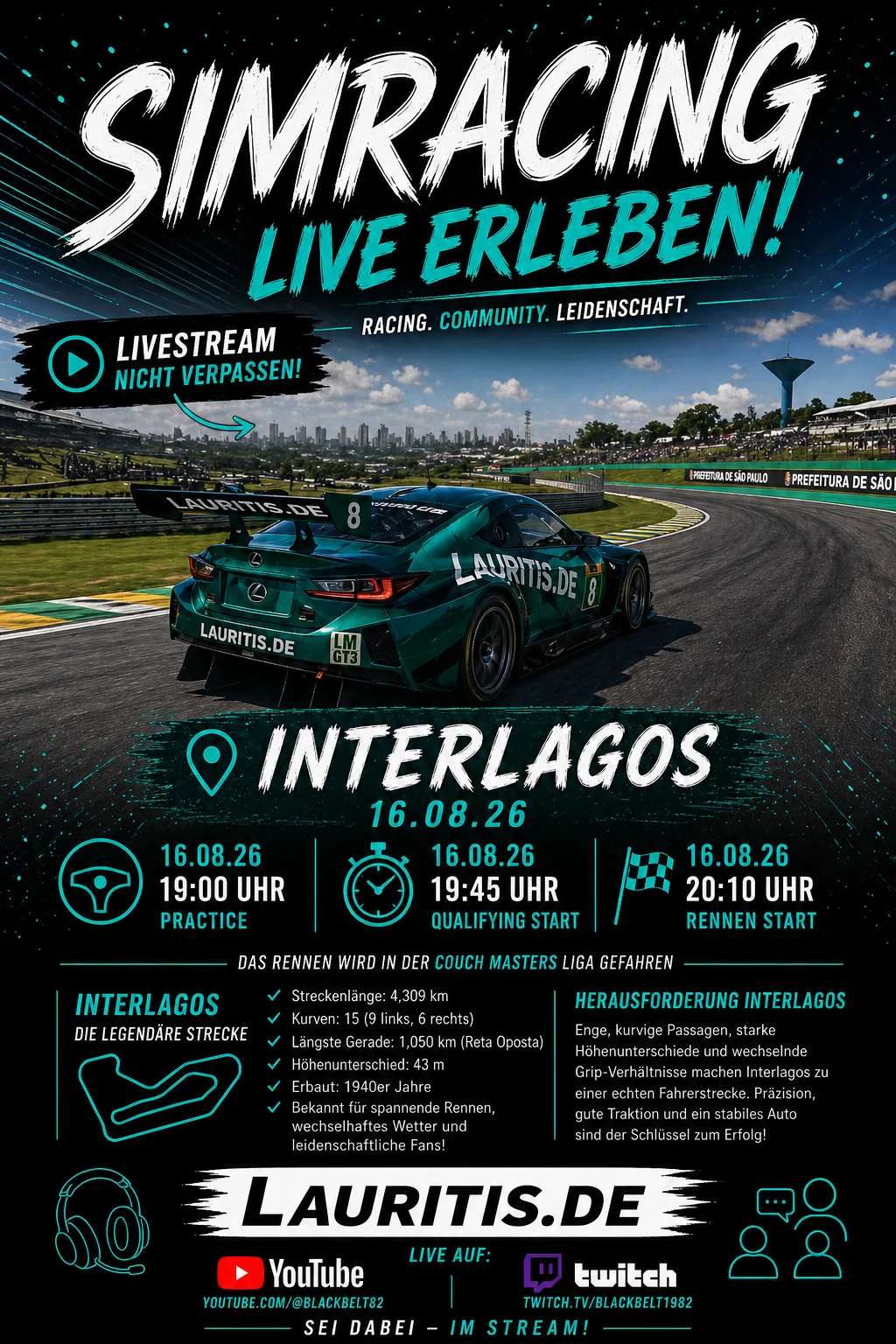 Promotional Poster for an Interlagos Sim Racing Event Teal Race Car on a Track Bold