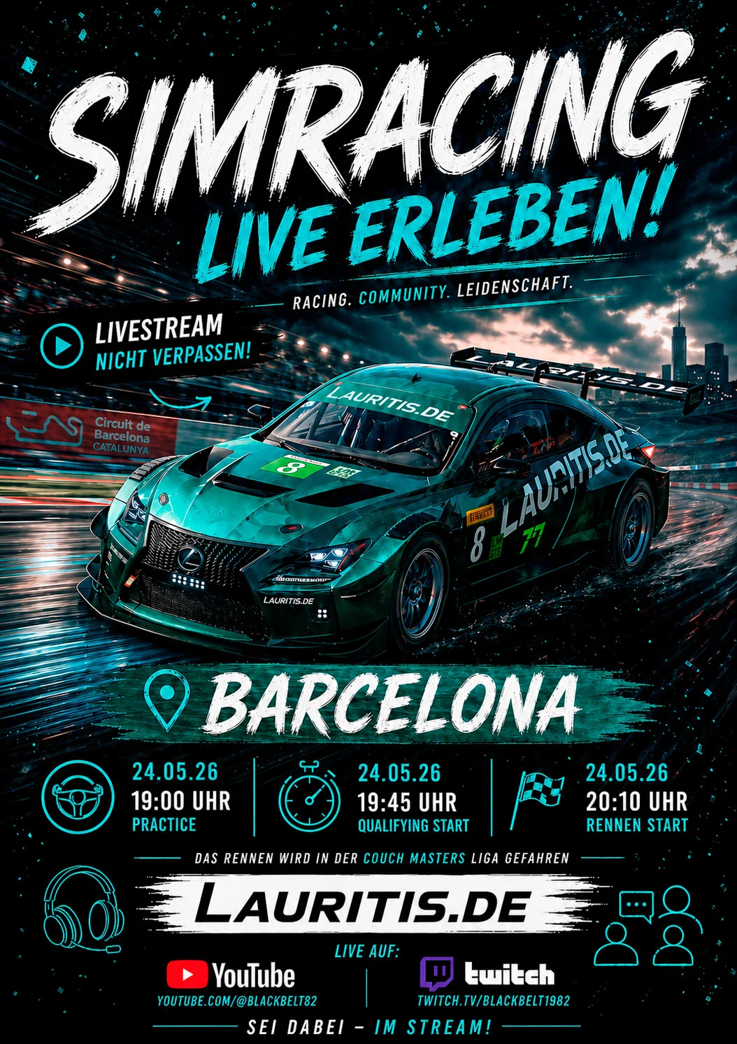 Racing Car Poster Advertising Simracing Livestream in Barcelona with Race Details and Livestream Platforms
