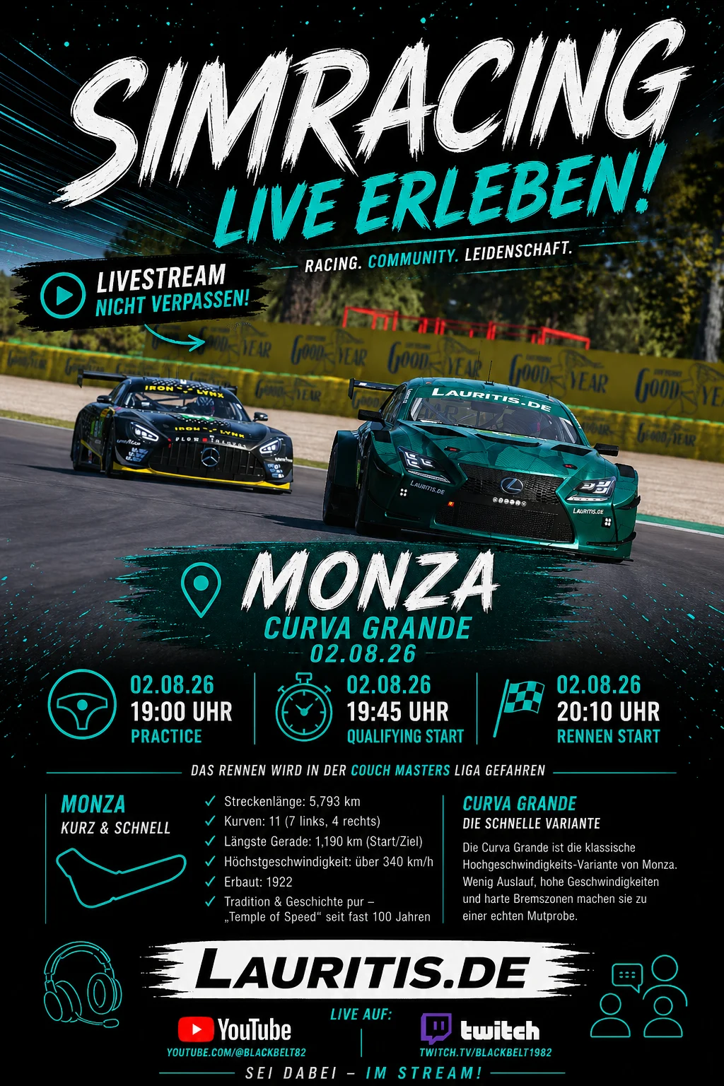 Promotional Poster for a Sim Racing Livestream Featuring Monza Two Race Cars on a Track and Event Details 020826 with Streaming Platform Logos