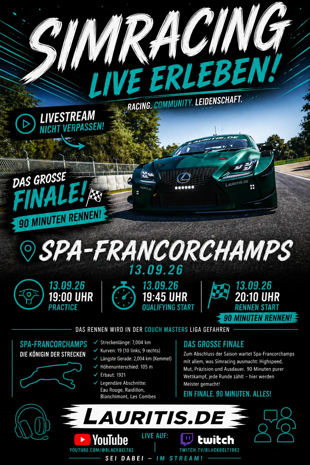 Promotional Poster for Simracing Live Erleben Green Race Car on Track with Schedule Streaming Logos and Spa Francorchamps Branding