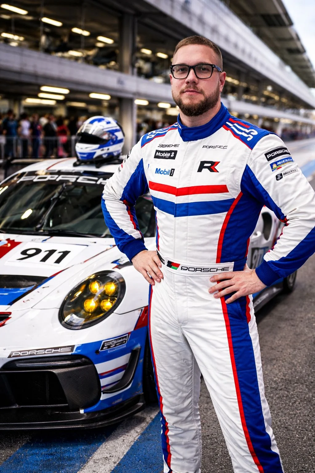 Race Car Driver in a White Blue Red Racing Suit Stands with Hands on Hips Beside a Porsche Race Car in a Pit Lane Number 911 Visible on the Hood