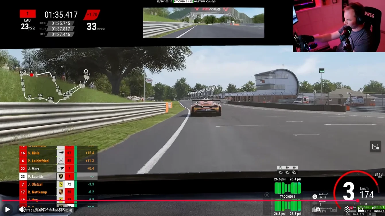 First person Racing Cockpit View on a Sunny Track with Track Map and Telemetry Overlays Speed 174 Kmh Visible on the Right Streamer in Top right Corner
