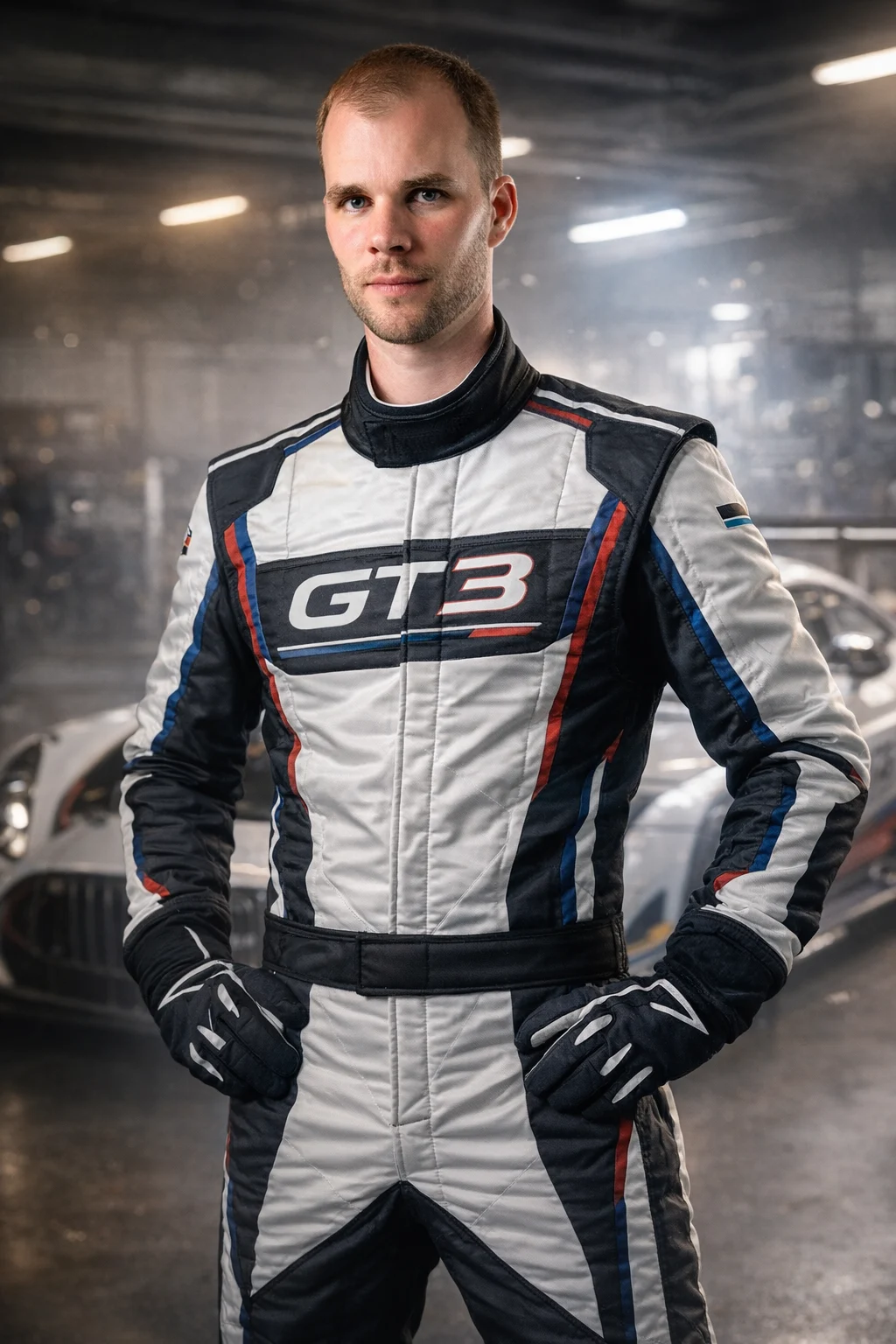 Male Race Car Driver Standing in a Garage Wearing a White Black and Blue Gt3 Racing Suit with Gloves