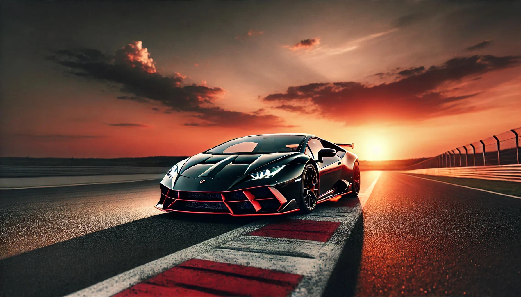 Front Right View of a Glossy Black Sports Car on a Racetrack at Sunset with Red Accents and Aerodynamic Spoilers