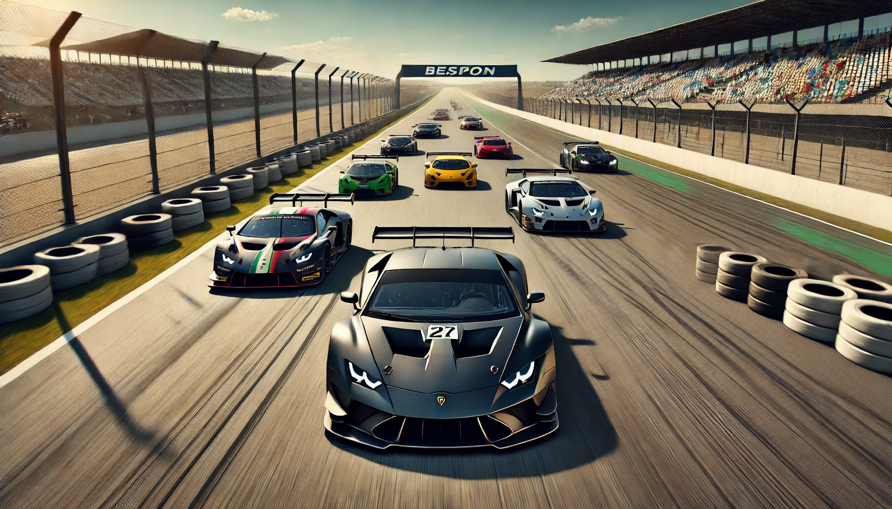 Front facing View of a Grey Lamborghini Leading a Pack of Colorful Race Cars on a Sunlit Race Track Toward the Distant Finish Line