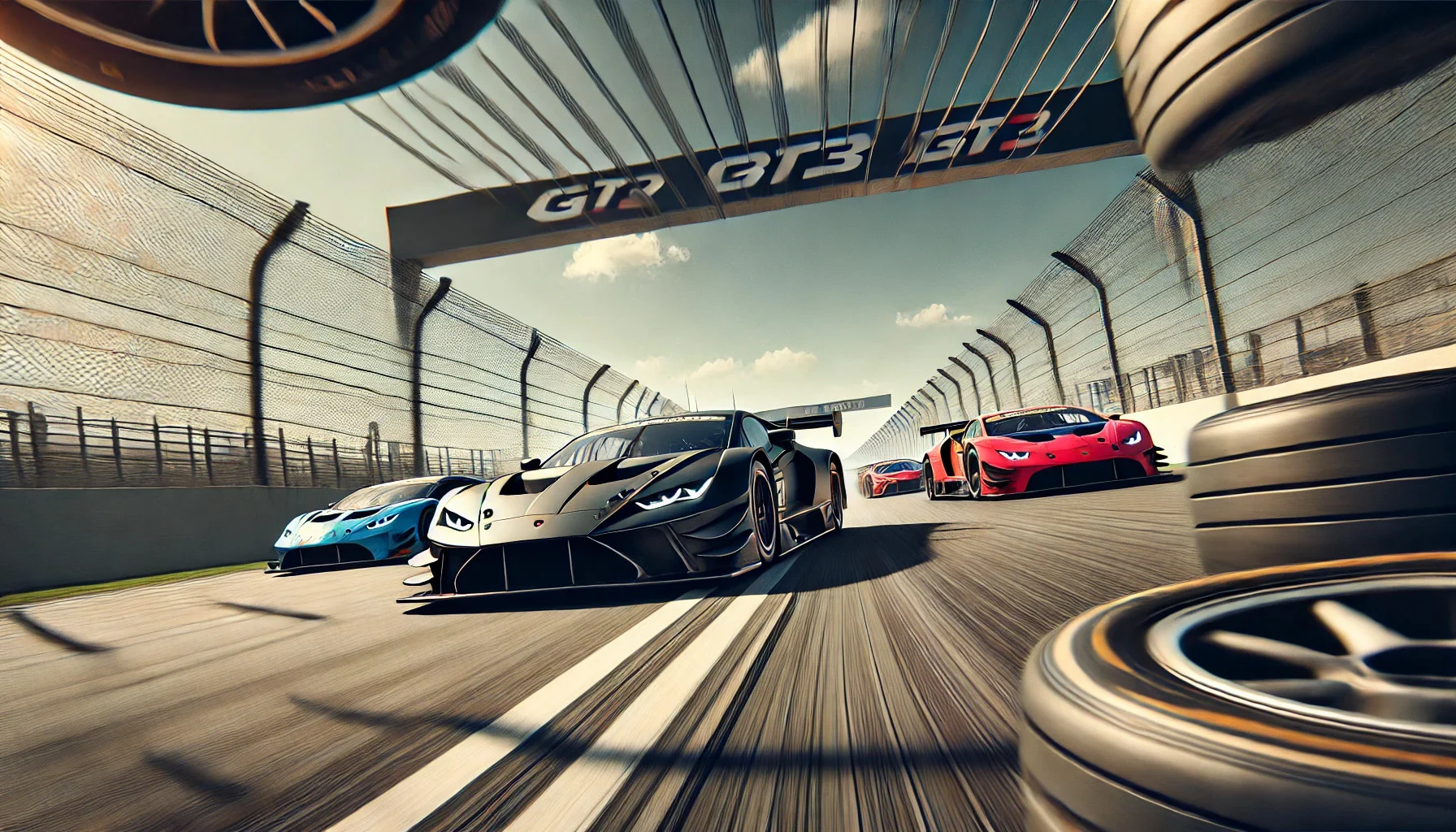 Black Hypercar Leads a Pack of Blue and Red Race Cars Speeding Along a Sunny Race Track with Tire Barriers on the Right and a Blurred Foreground Wheel