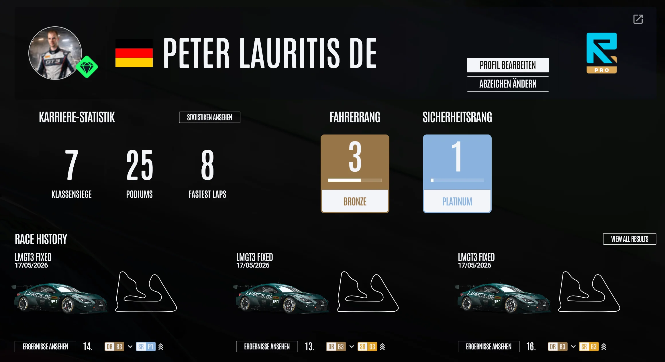 Profile Banner for Peter Laurits De with a German Flag Avatar and Two Action Buttons Shows Car Racing Stats 7 Class Wins 25 Podiums 8 Fastest Laps and Driver Ranks Bronze 3 and Platinum 1