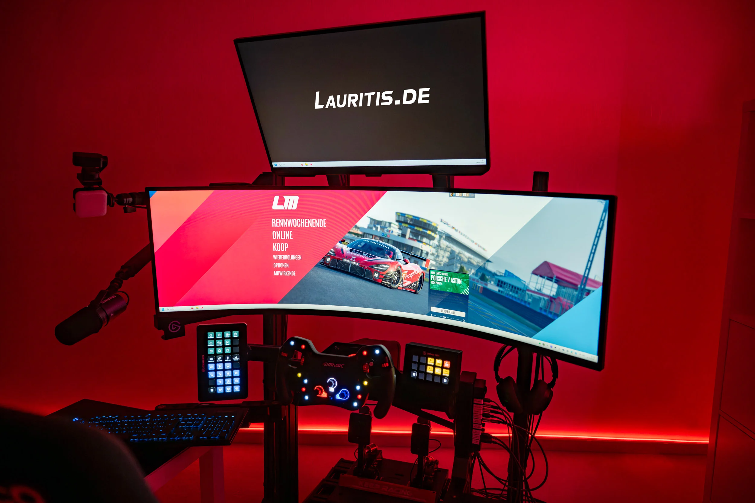 wwwpeterlauritisde | Lauritisde Racing Simulation Setup with Two Curved Monitors and a Top Screen Red Ambient Lighting Steering Wheel Pedals Keyboard and Microphone Gear