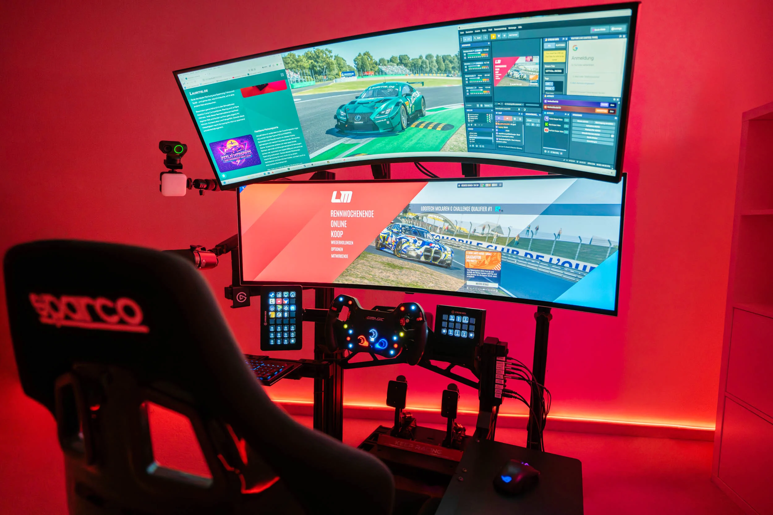 wwwpeterlauritisde | Lauritisde Gamer Seated in a Racing Sim Cockpit with a Curved Multi monitor Display Showing a Race Car Red Ambient Lighting and a Steering Wheel with Pedals