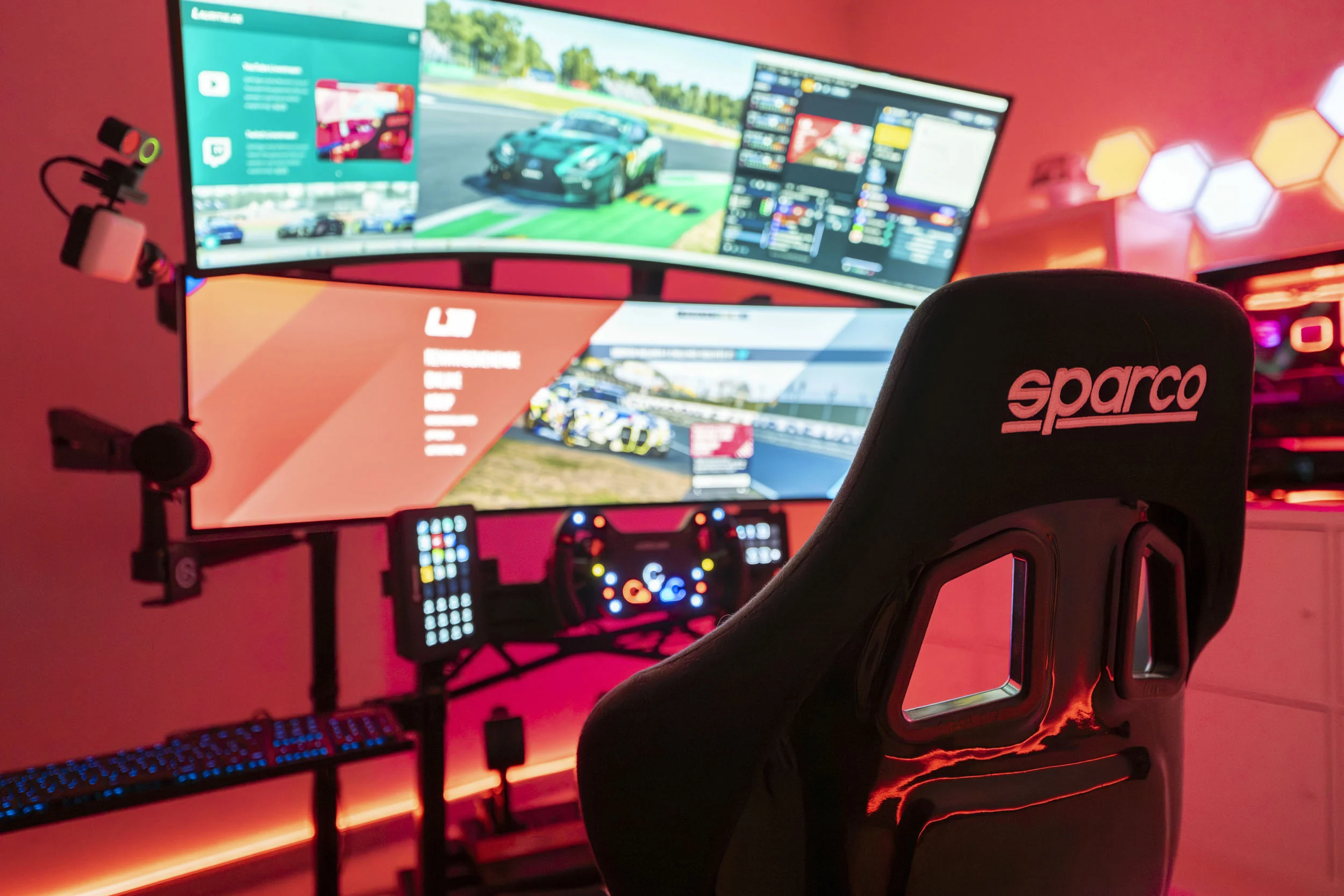 wwwpeterlauritisde | Lauritisde Racing Sim Setup with Curved Monitors Displaying a Car Race Sparco Chair and Rgb Lighting Alcove